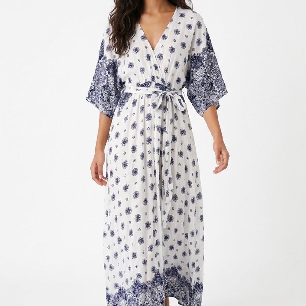 NWT Lulus Boho Navy Blue White Tile Print Kimono Maxi Dress Resort Wear XL